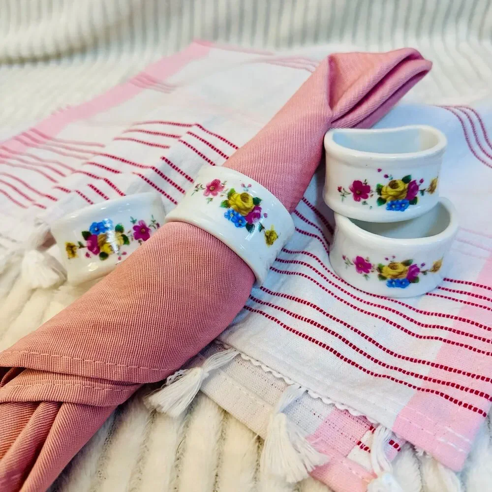 Vintage Porcelain Napkin Rings Hand Painted Floral Design Set of 4